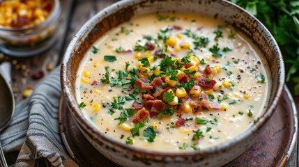 Wall Mural - A bowl of creamy corn chowder with bacon.