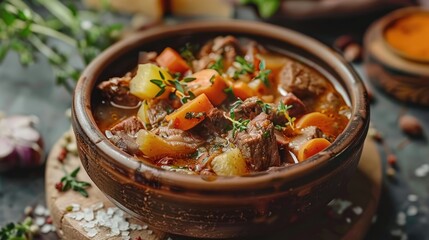 Wall Mural - A bowl of hearty beef stew with vegetables and herbs.