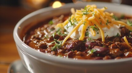 Wall Mural - A bowl of hearty chili with cheese and sour cream.