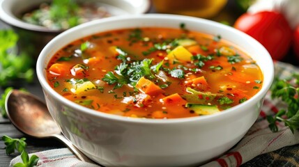 Wall Mural - A bowl of vibrant vegetable soup with herbs.