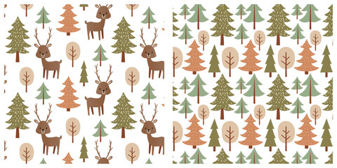 Wall Mural - Autumn forest seamless pattern set. Scandinavian style. Hand drawn design for print, paper, design, fabric, gift wrap, decoration, background. Vector illustration.