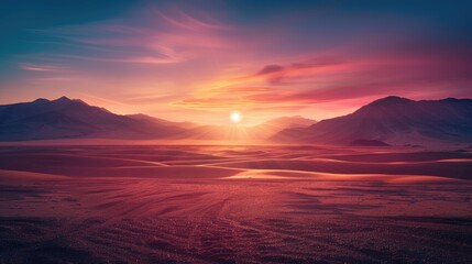 A breathtaking sunrise over a vast, open desert, with the sun rising over the horizon, casting a warm glow over the sand and the distant mountains