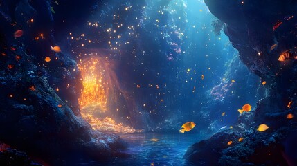 Wall Mural - 90. A magical underwater cave with shimmering lights and colorful fish