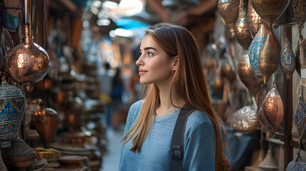 Young traveling woman visiting a copper souvenir handicraft shop in Marrakesh, Morocco - Travel lifestyle concept