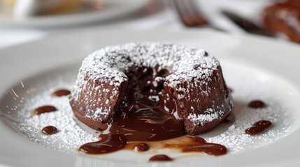 A decadent and indulgent chocolate lava cake, with a molten chocolate center and a dusting of powdered sugar