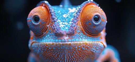 Close-up portrait of a blue and orange chameleon with large, round eyes looking directly at the camera.