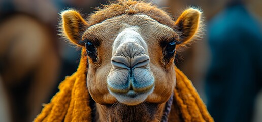 Close-up portrait of a camel with a curious expression.