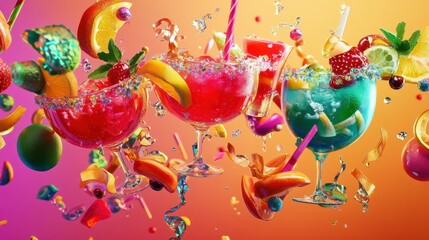 A vibrant cocktail party with colorful drinks and floating fruit slices.