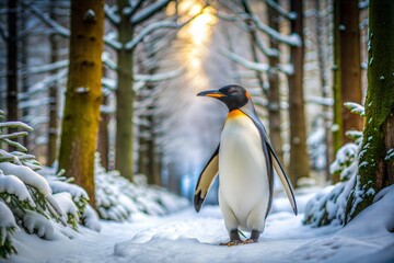 Poster - Penguin in snowy forest with sunlight through trees