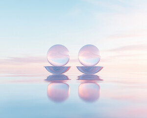 Wall Mural - two large spheres of glass are floating on the surface of a calm body of water