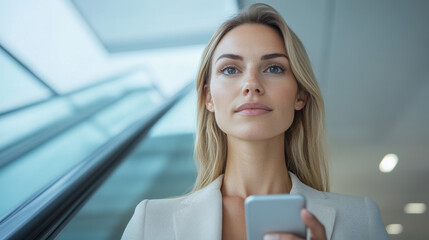 A woman is holding a cell phone in her hand while standing in a building