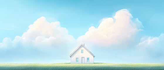 Wall Mural - a white house is standing in a field with a blue sky in the background