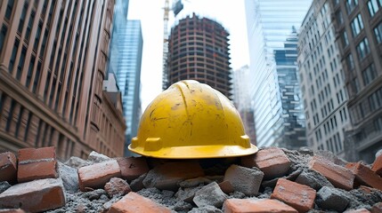 Yellow Hard Hat on Pile of Bricks in City Construction Zone.