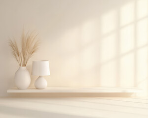 A white shelf with two vases and a lamp on it