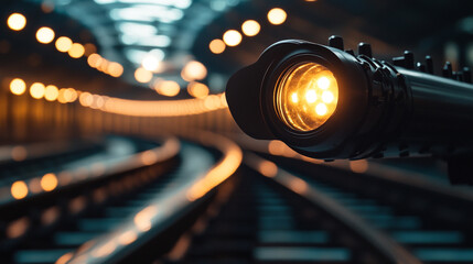 A tunnel light illuminating train tracks in an underground station during the evening