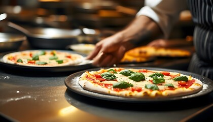 Wall Mural - Skilled chef skillfully crafting pizza dough in bustling restaurant kitchen