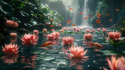 A serene pond filled with lotus flowers and goldfish, surrounded by lush greenery and a waterfall.