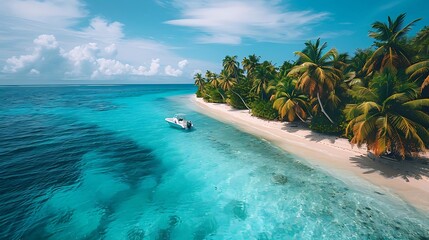 A serene tropical beach with clear turquoise waters and lush palm trees.