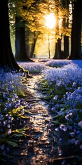 A serene forest path lined with blue flowers, illuminated by warm sunlight.