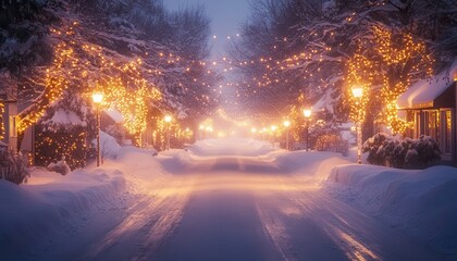 A serene winter street adorned with glowing lights, blanketed in snow, creating a magical holiday atmosphere.