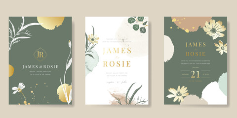 Wall Mural - Luxury wedding invitation card vector template. Green background with gold line art, flower, leaves branches, foliage, watercolor texture. Design illustration for vip cover, poster, rsvp modern card.