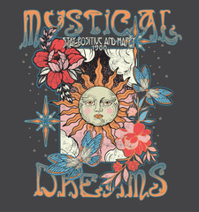 Wall Mural - MYSTICAL DREAMS.Retro 70's psychedelic hippie element illustration print with groovy slogan for man - woman graphic tee t shirt or sticker poster - Vector
