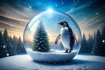 Poster - Cute penguin in snow globe with snowy tree and forest