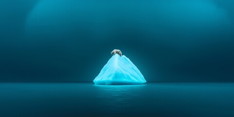 A stunning iceberg illuminated by soft blue light, reflecting calm waters, creating a serene and tranquil atmosphere.