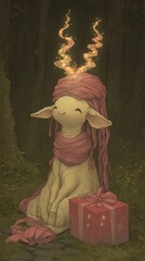 Canvas Print - A sheep with a pink scarf sitting next to a red box