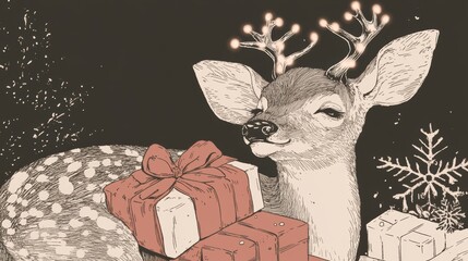 Sticker - A drawing of a deer with a christmas present