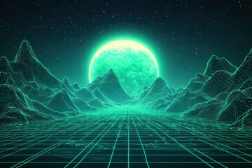 Wall Mural - Glowing Wireframe Mountains and Full Moon with Starry Night Sky