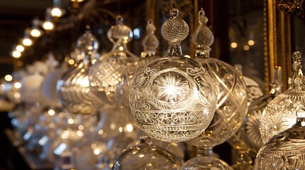 Vintage glass ornaments intricate patterns and detailed craftsmanship displayed in a classic setting