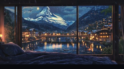 Sticker - Japanese-style bedroom with large windows overlooking a town of Zermatt in Switzerland at night, with the iconic Matterhorn peak partially visible at far away