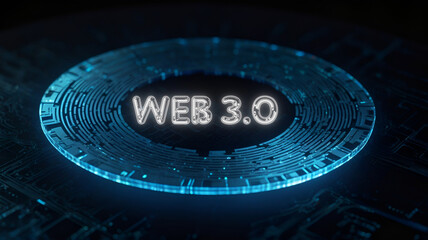 Tiny chip with text web 3.0 against dark background 