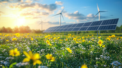 A field of yellow flowers with a wind farm in the background