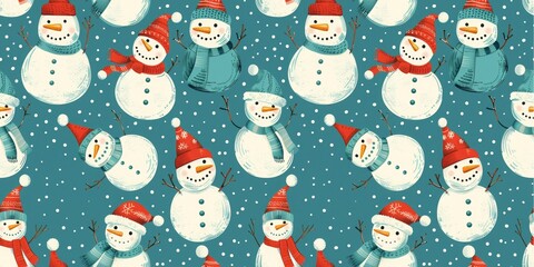 Seamless illustration of cute snowmen in red green Christmas hats on green background. Template for textile or wrapping gift paper for seasonal winter holidays New Year and Christmas