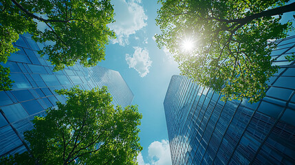 A city skyline with three tall buildings and a clear blue sky