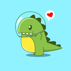 Cute cartoon dino astronaut with heart and using Helem glass 