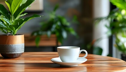 Minimalist Coffee Cup Mockup on Rustic Wooden Table Surrounded by Lush Greenery