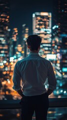 Wall Mural - An intellectual man elegant back, standing in the city building at night