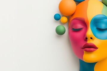 Poster - Colorful mask with a hole in the middle of the face. The mask is made of paper and has a rainbow pattern. .Female face mask, colorfull, bright colors, holes in it, floating in front of a white wall