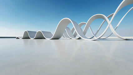 Wall Mural - 3d render of abstract wavy structure, futuristic architecture with empty concrete floor