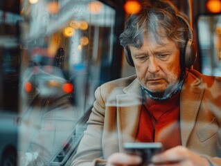 Poster - A man sits in a cafe, listening to music and looking at his phone. AI.