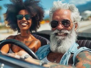 Wall Mural - A couple smiles while driving in a car. AI.