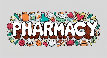 Wall Mural - Pharmacy word lettering with groovy doodles drawing design on plain white background