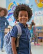 © Natalia - A young boy with a backpack smiles for the camera. AI.