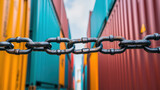 A broken chain blocking a shipping container, symbolizing trade barriers, trade barrier, international commerce restriction