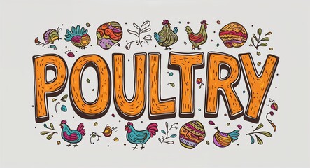 Wall Mural - Poultry word lettering with groovy doodles drawing design on plain white background