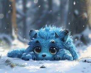 Canvas Print - A blue furry creature looks at the camera in the snow. AI.