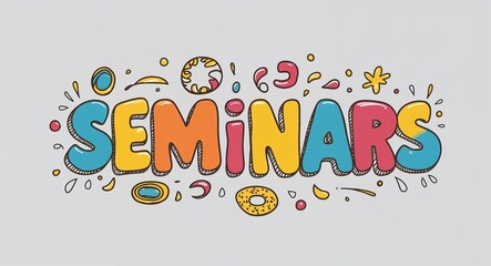 seminars word lettering with groovy doodles drawing design on plain white background